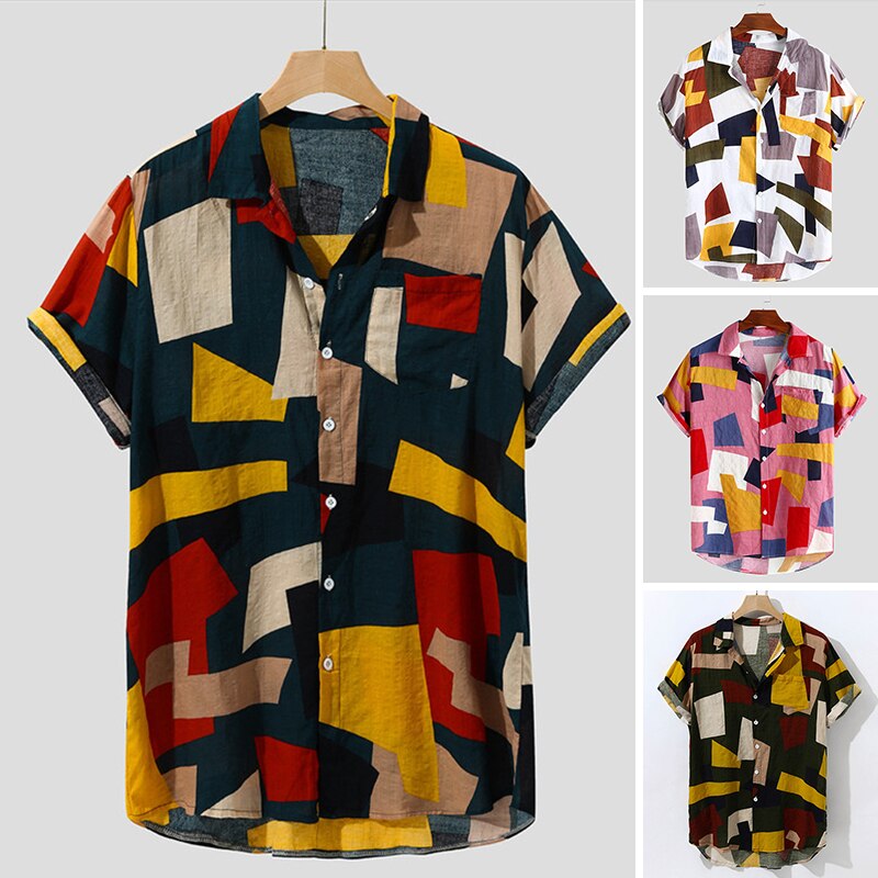 #39 herrskjorta etniskt tryck vintage kortärmade streetwear toppar tess lösa manliga strandkläder hawaiiska skjortor