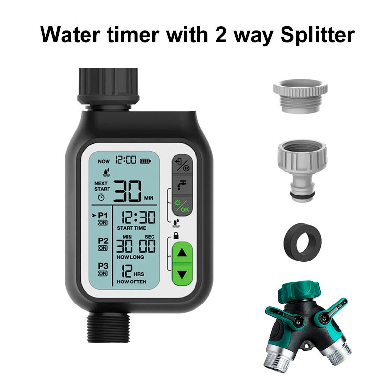 Garden Water Timer Waterproof Watering Timer With Rain Sensor Irrigation Timer Automatic Watering System Irrigation Controller: with 2 way Splitter