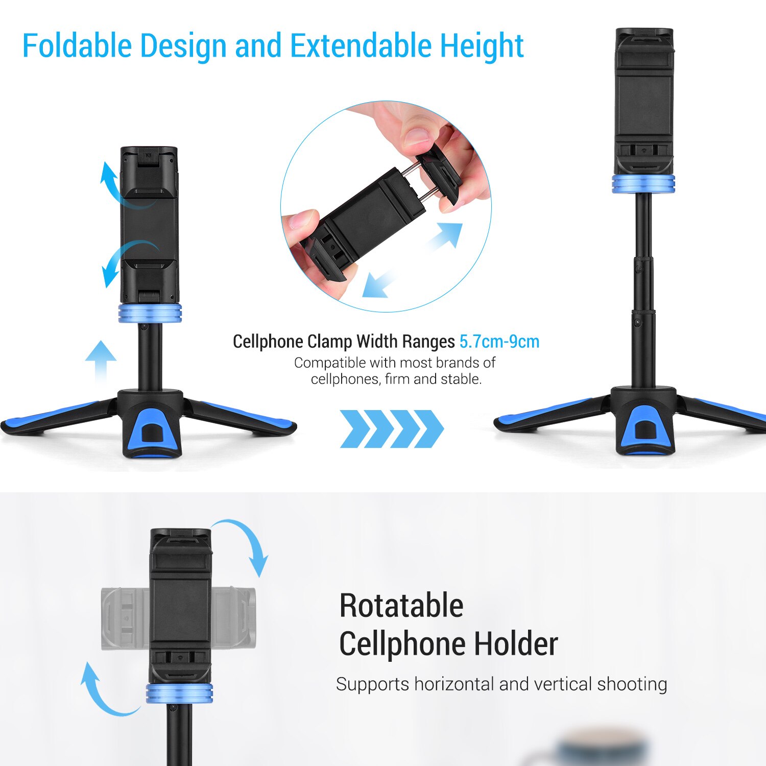 Extendable Phone Holder Mini Tripod Desktop Cellphone Bracket Clamp with Cold Shoe Foldable Smartphone Tripod for iPhone xiaomi