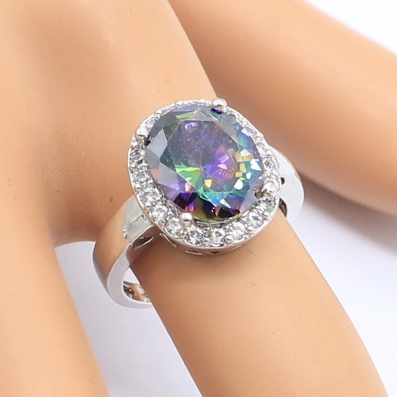 925 Sterling Silver Ring For Women Oval Rainbow Topaz Jewelry Free