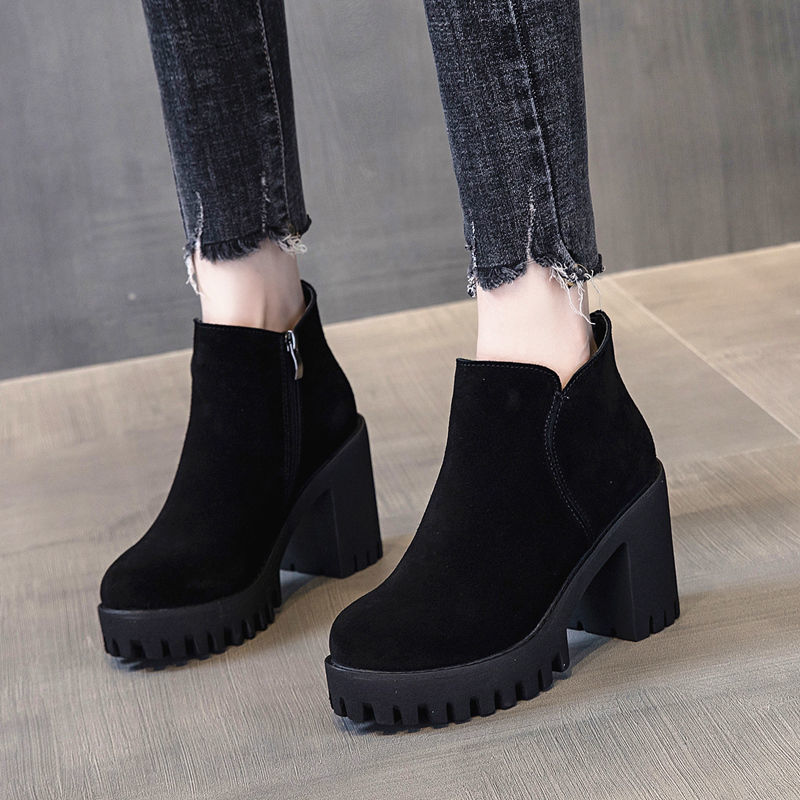 Botas de tacón grueso para mujer, Botines negros de tacón alto, botines gruesos de terciopelo para Otoño e Invierno