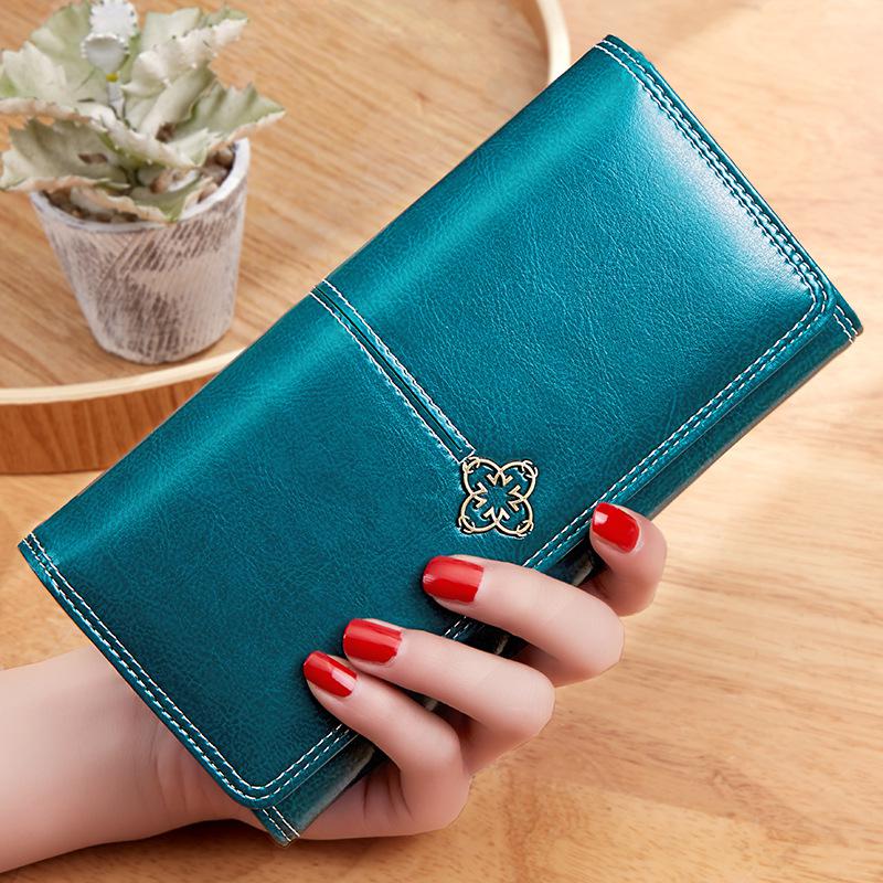 Women's Wallet Wax oil skin wallet portfel damski Lady Long Leather Clutch Bag Wallet Card Holder carteira feminina: Blue