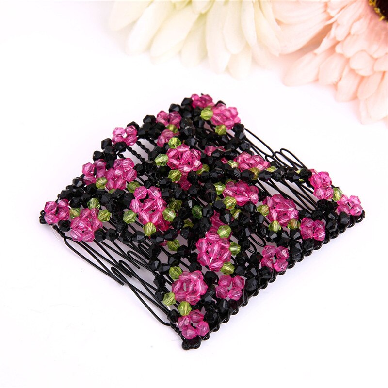 Accessoires de coiffure de dames perles magiques élasticité Double peigne à cheveux pince accessoires de coiffure extensibles: Rose RED