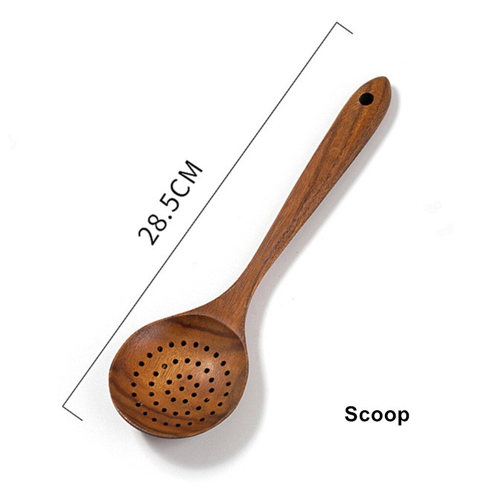 Natural Teak Wood Cooking Spatula Kitchen Utensil Set Tableware Spoon Colander Soup Skimmer Spoon Scoop Kitchen Cooking Tool Set: 1PCS Scoop