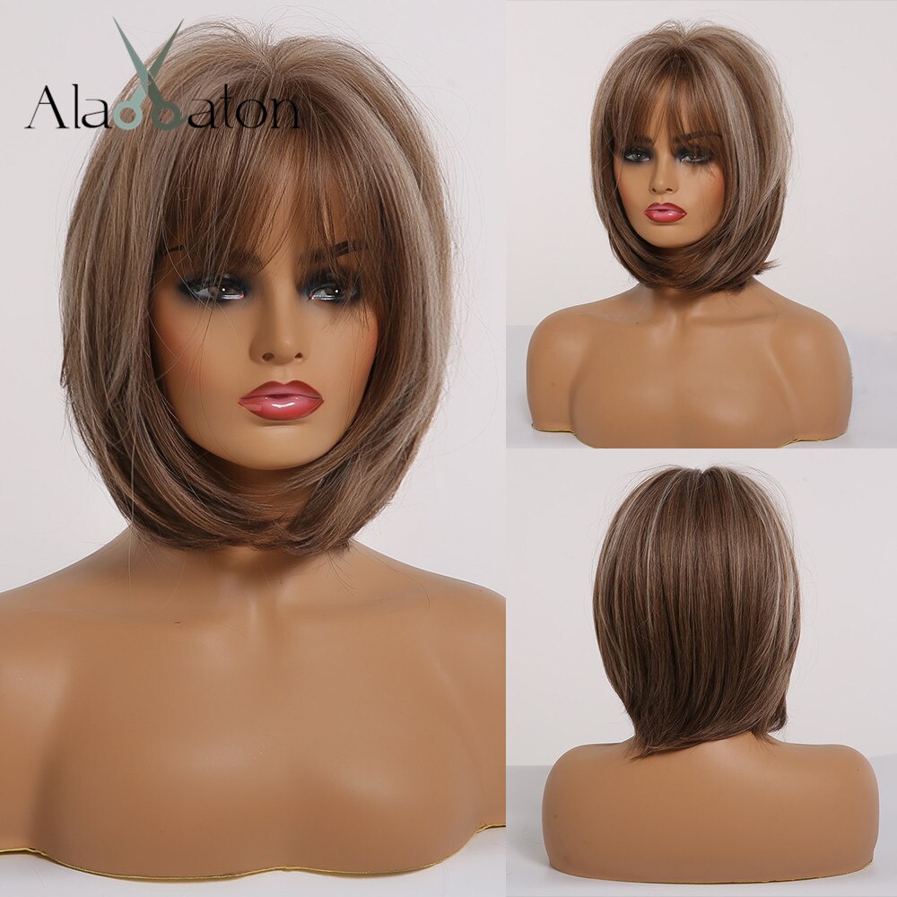 ALAN EATON Short Straight Ombre Black Brown Synthetic Wigs with Bangs for Women Bob Wig Heat Resistant Lolita Cosplay wig 12inc: ss164-2