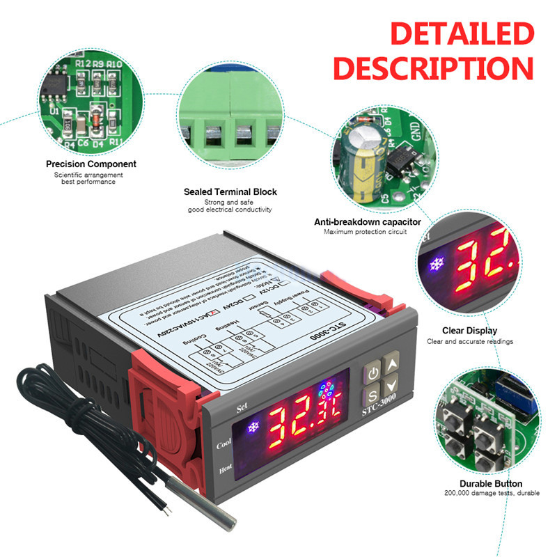 Stc -3000 12v ledet digital temperaturregulator termostatkontroll oppvarming kjølesensor fuktighetsmåler