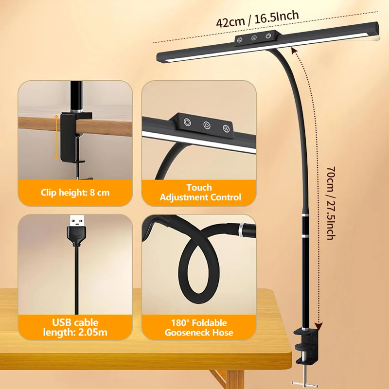 Ultraheldere LED USB-bureaulamp met clip Leeslamp 5 kleurenmodi Helderheidsniveaus Flexibele zwanenhals Geschikt voor thuiskantoor