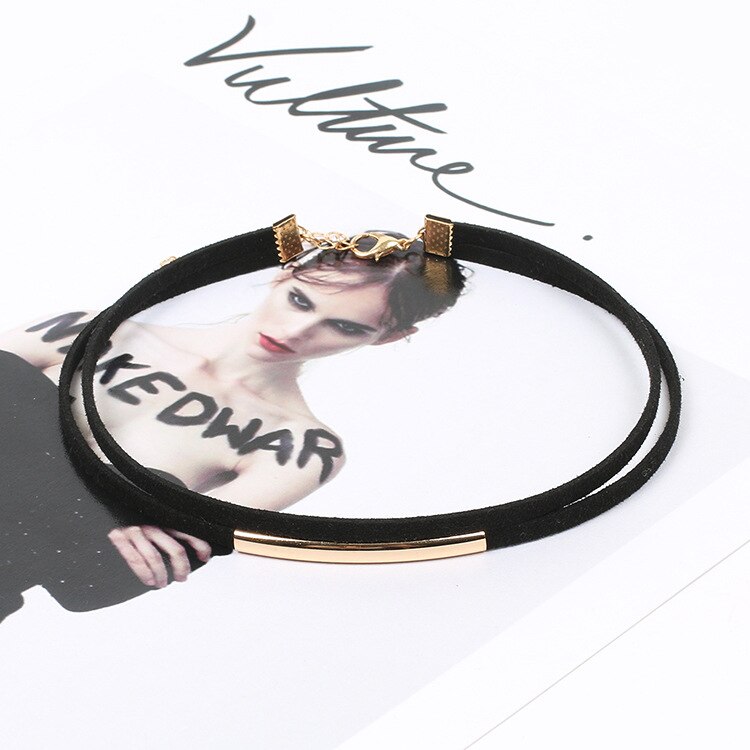 Mode Buigen Buis Fluwelen Choker Ketting Double Layer Stijl Koppel Zwarte Korte Lederen Ketting Charm Collier Femme