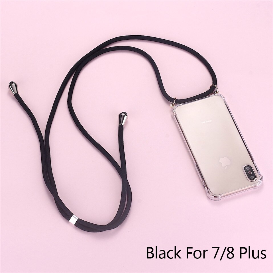 Strap Cord Chain Phone Tape Necklace Lanyard Mobile Phone Case for iPhone 7Plus 8Plus Carry Cover Case to Hang On Apple 7+ 8plus: Black