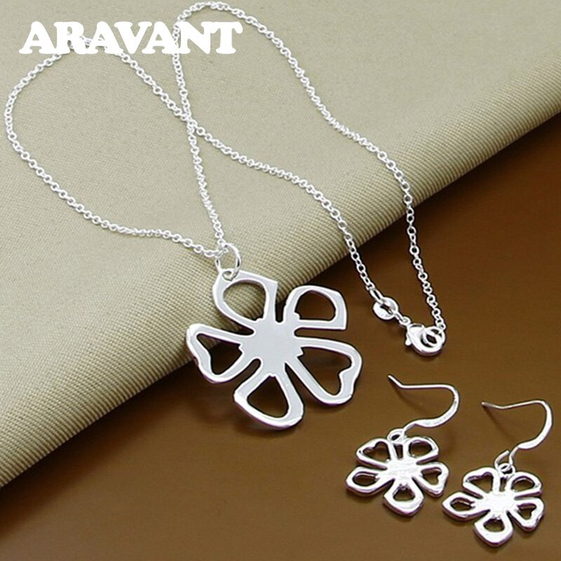 925 Silver Flowers Pendants Necklace Earrings For Women Jewelry Sets