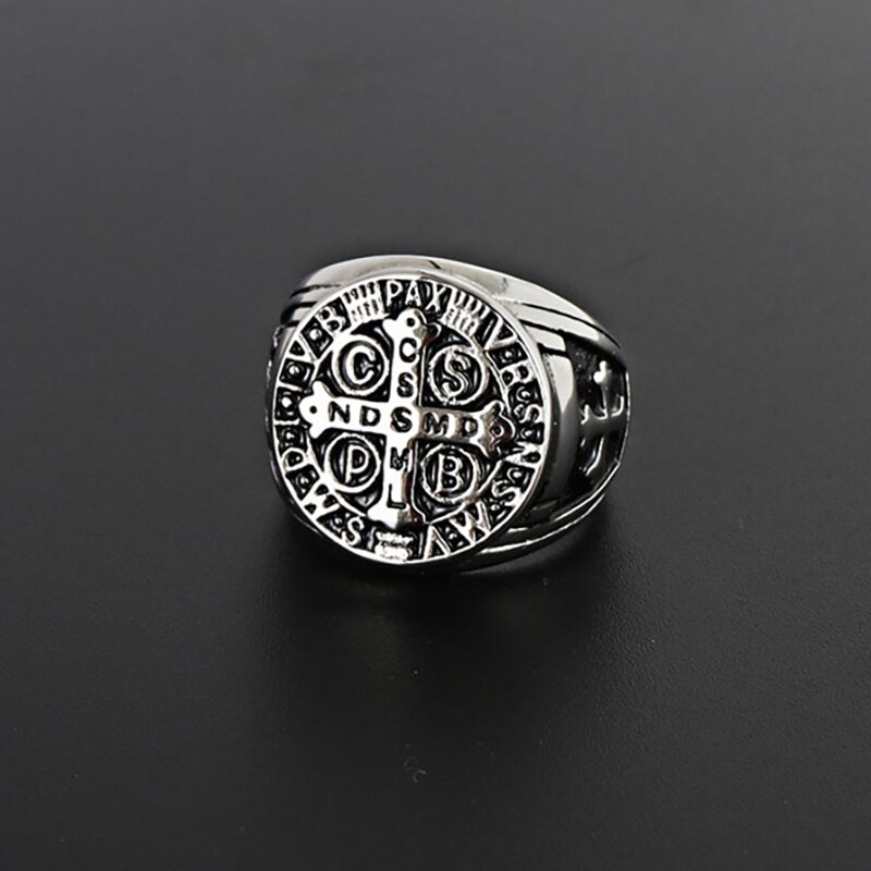 Stainless Steel Catholic Patron Saint St Benedict of Nursia Holy Medal Cross Ring Mens Punk Jewelry VRSNSMV SMQLIVB NDSMD CSSML: 13 / steel color