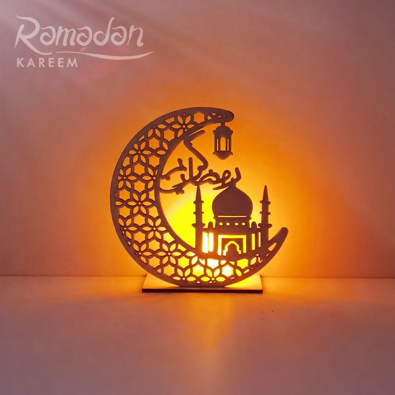 LED Wooden Eid Mubarak Plaque Moon Star Ramadan Ornament Muslim Decor Ramadan Eid Moon Star Wooden Pendant Islam: 02