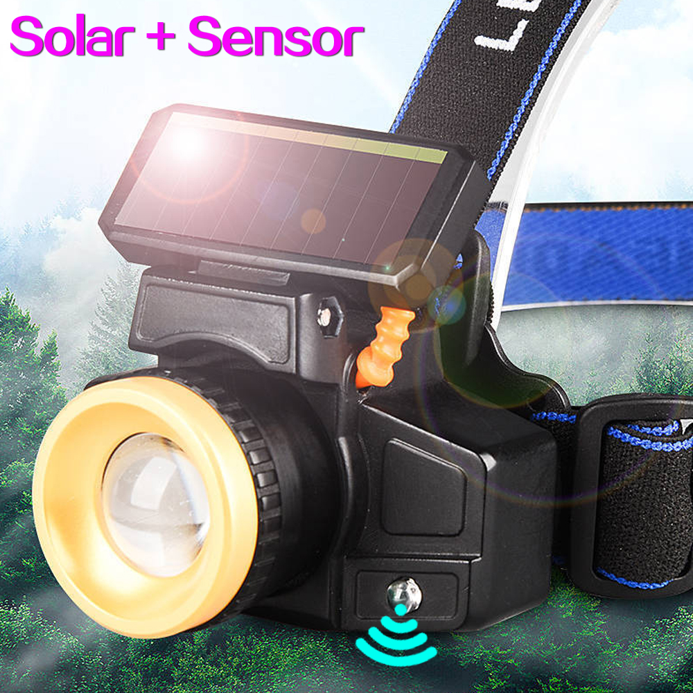 Solcelledrevet led-pandelampe vandtæt sensorforlygte bruger 18650 batterier usb genopladelig pandelampe til udendørs camping