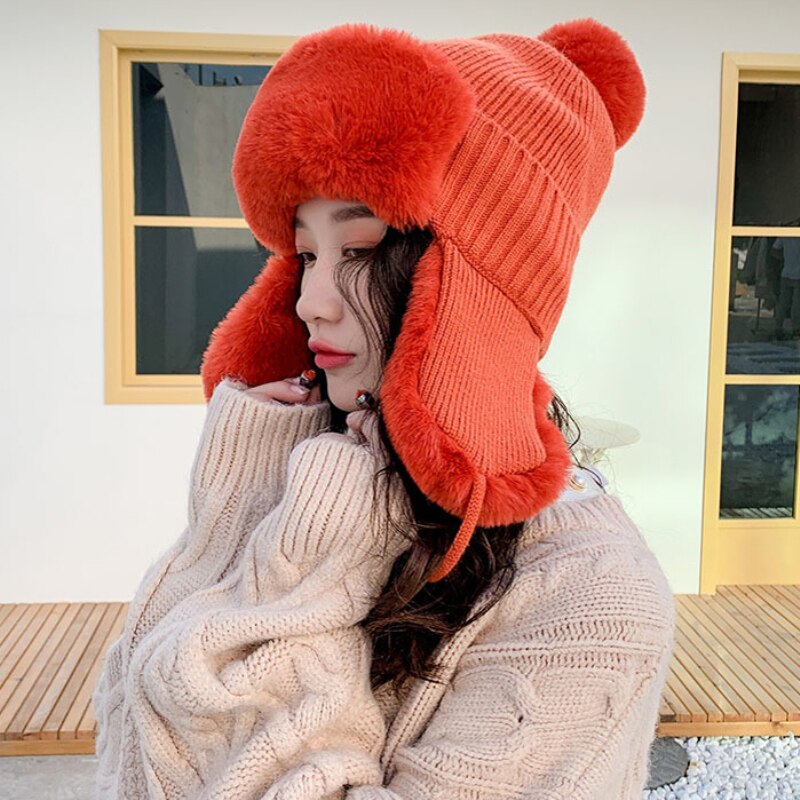 Ht2845 tjocka varma stickade mössor dam solid rysk päls mössa dam snö skidfångare öronlapp keps kvinnlig bomber hatt varm rysk keps
