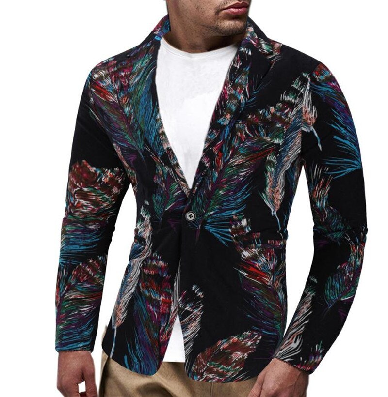 Men's Simple Personality Print one Button Business Leisure Suit Coat Men's Luxurious National Style Printing Loose Cotton Suits