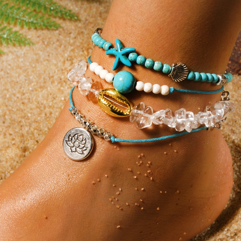 MOND MÄDCHEN Natürliche Quarz Hülse Fußkettchen Boho Yoga Seestern Lotus Freundschaft Sommer Fußkettchen für Frauen Schmuck