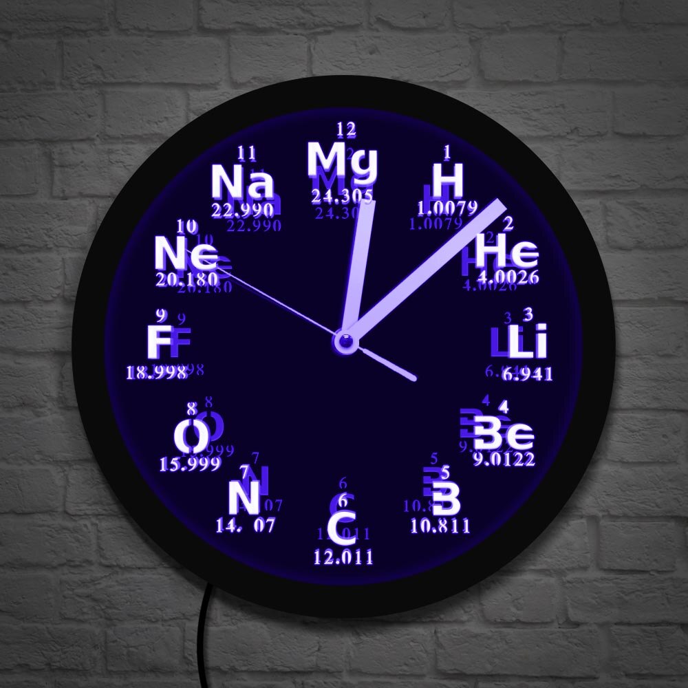 Reloj de pared con elementos químicos, con moderno reloj de pared, iluminación LED de ciencia, para estudiantes de ciencia y química
