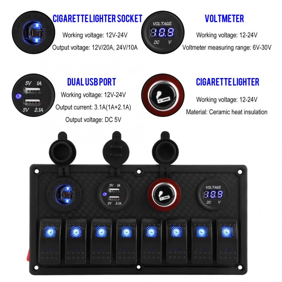 12V 24V 8 Gang Car Marine Boat Rocker Switch Panel Waterproof Circuit Digital Voltmeter Dual USB Port Outlet Switch Panel Circui