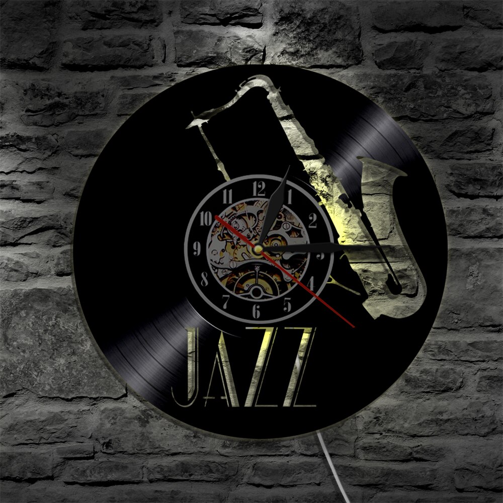1 pieza, instrumentos musicales de Jazz, luz de fondo Led, música, reloj moderno de vinilo Vintage, reloj de pared, hecho a mano para amantes de la música
