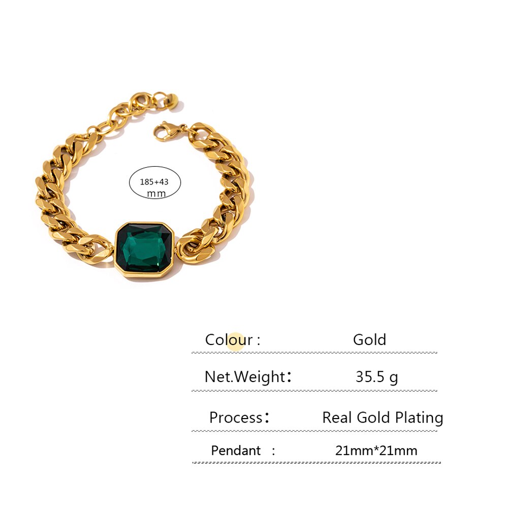 Yhpup Green Crystal Stainless Steel Gold Bracelets Bangle for Women Hip Hop Thick Chain18 K Plated Punk Bracelets