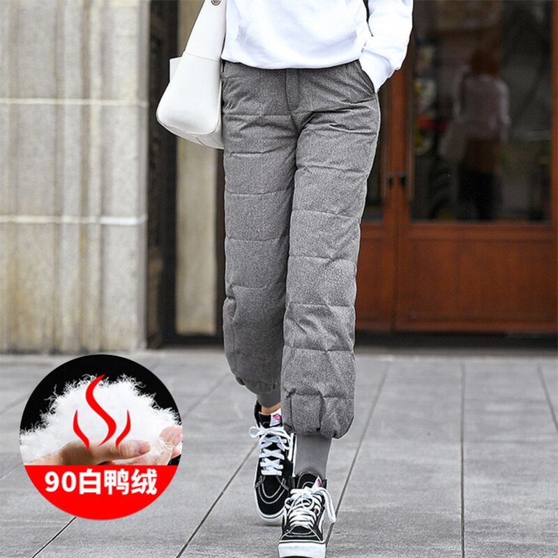 Women Outdoor Winter White Duck Down Pants Thicken Thermal Windproof Elastic Waist Pants Climbing Skiing Hiking Sports Trousers