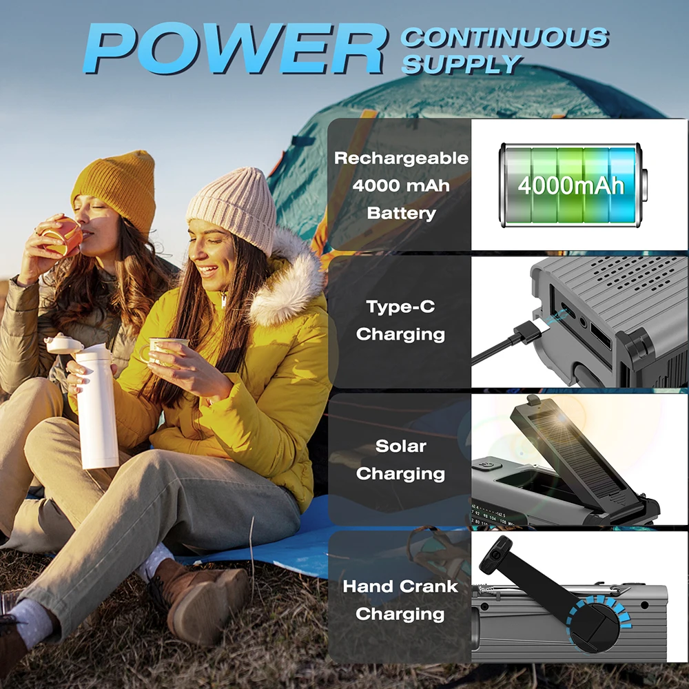 4000 mAh LED emergency light USB emergency light with light radio outdoor camping radio solar charging radio portable