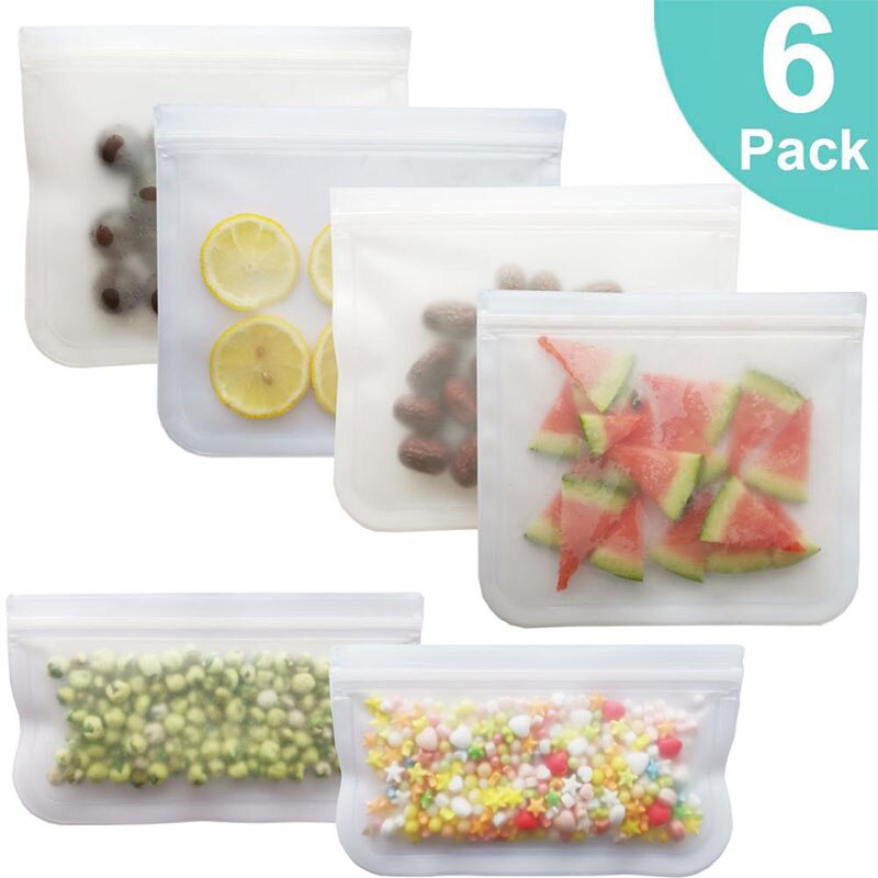 Bolsa reutilizable de silicona para alimentos, paquetes de PEVA para mantener la comida fresca, frutas, a prueba de fugas, con cierre, esmerilada, 12 unidades/juego: 6Pcs