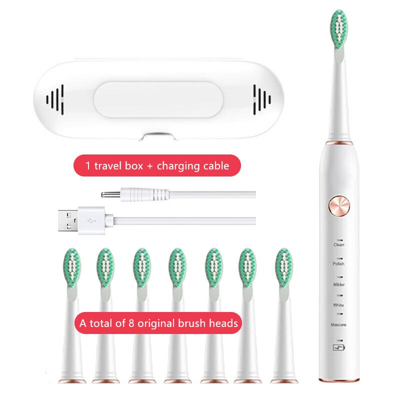 VIP Powerful Ultrasonic Sonic Electric Toothbrush USB Rechargeable Tooth Brush Adult Electronic Washable Whitening Teeth Brush: YS003-White 8 heads