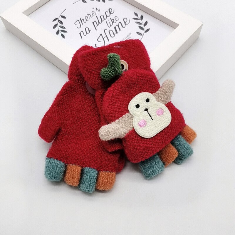 Winter Warm Peuters Baby Jongen Meisjes Kids Dikke Bont Cartoon Aap Handschoenen Wanten: Rood