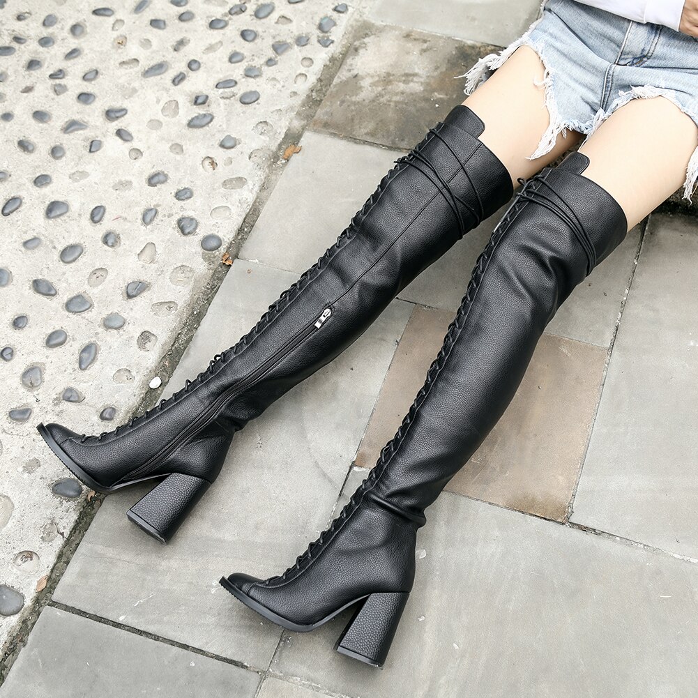 BONJOMARISA INS – bottes de moto pour femmes, cuissardes à talons hauts et lanières croisées au dessus du genou, Cool, noires