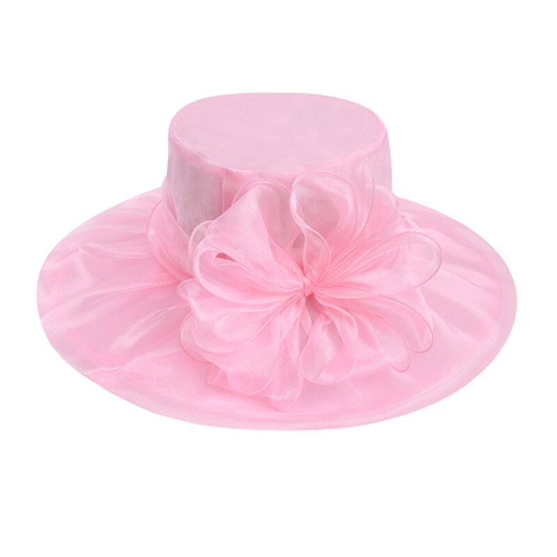 Sombreros de Organza de ala ancha para mujer, sombreros para la Iglesia, sombreros para el sol con flores grandes, plegables, color blanco y rosa, color púrpura: Pink