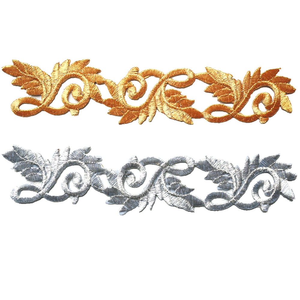 Parches bordados con de hojas y flores dorados y plateados para coser plancha sobre insignia, distintivos étnicos huecos para ropa, decoración DIY