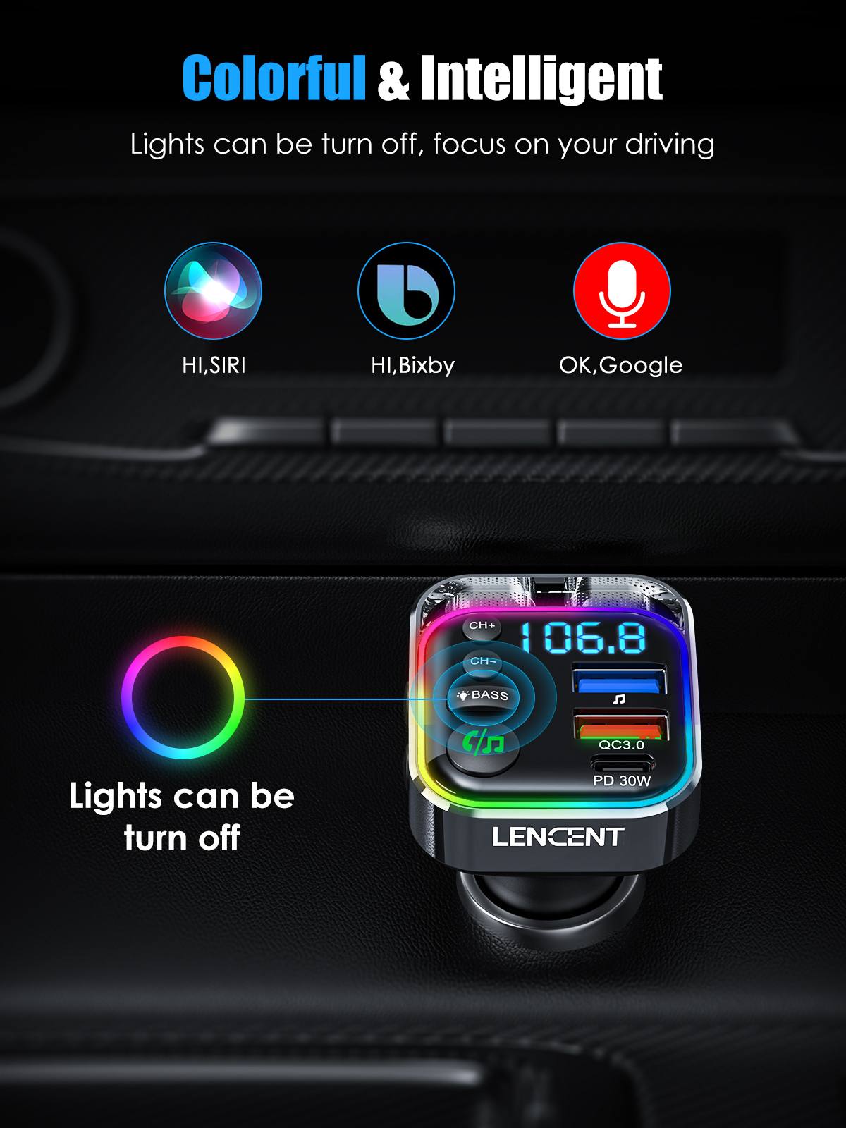 LENCENT Trasmettitore FM Bluetooth 5.3 PD 30W e QC3.0 Caricatore rapido Adattatore per auto Bluetooth kit per auto con musica Ciao-Fi/chiamate trasparenti