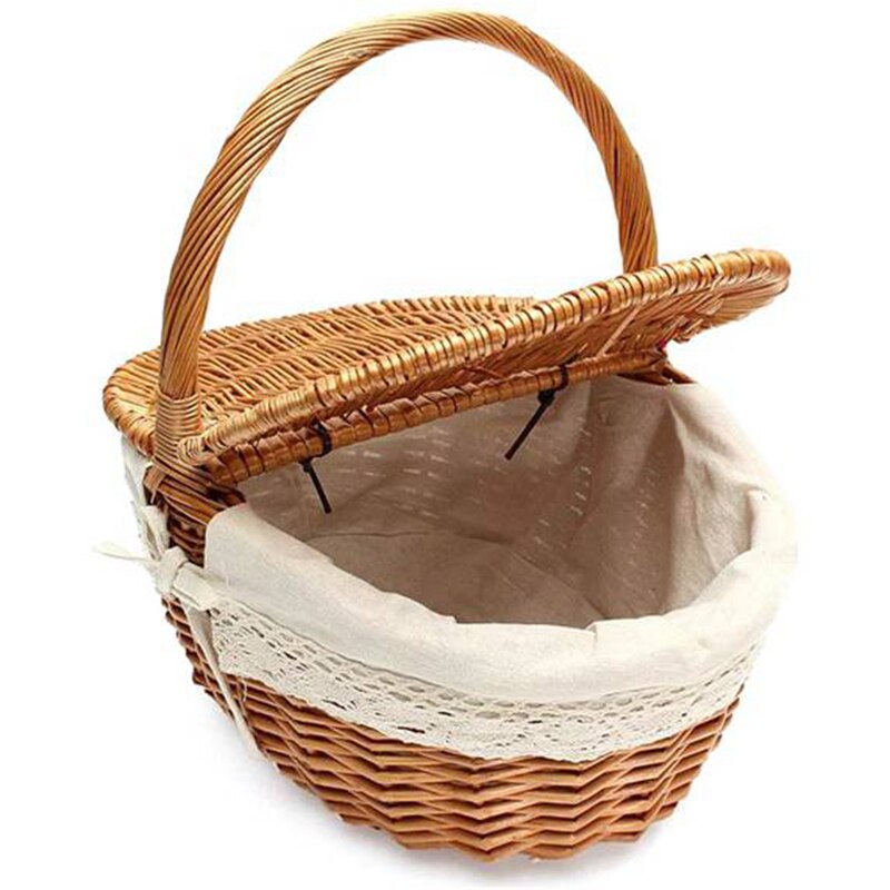 Wicker Camping Picnic Basket with Double Lids Storage Hamper Basket with Cloth Lining Handmade Wicker Basket with Handle