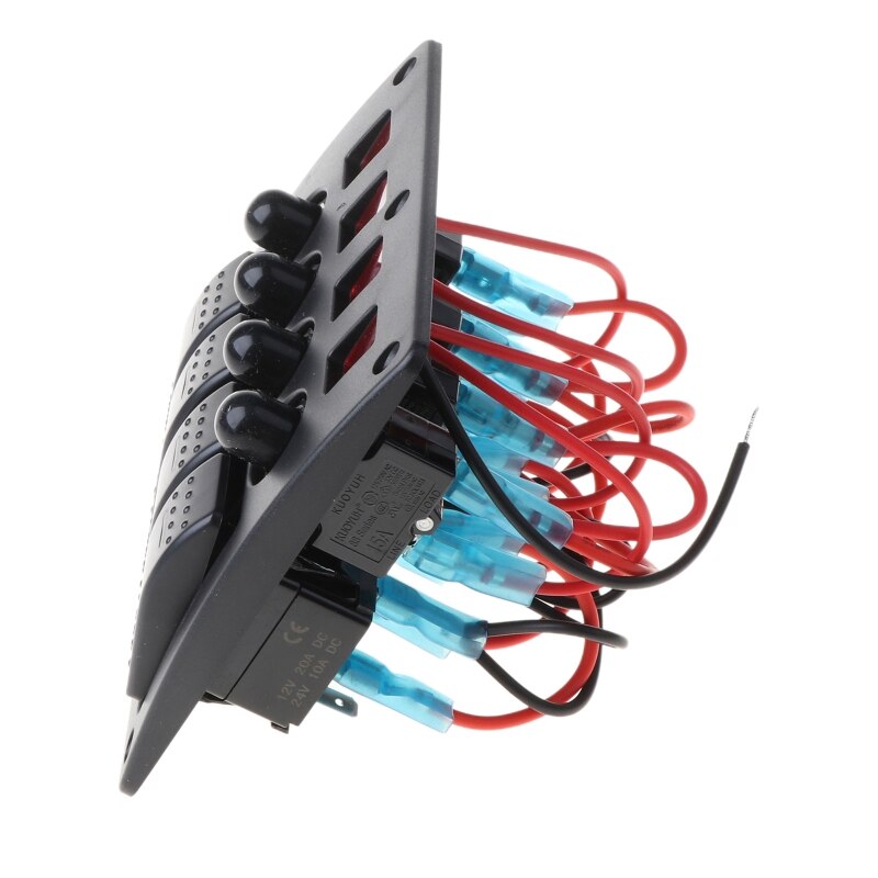 4 Gang Red LED Waterproof Rocker Panel Switch w/Lens For Marine Boat 12-24V