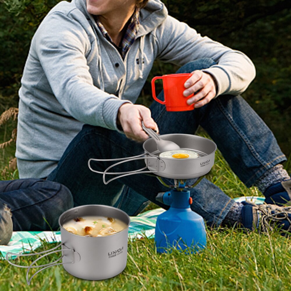 Lixada Ultralight Titanium Kookset Outdoor Camping Kookgerei Set 900Ml Pot En 350Ml Koekenpan Met Vouwen Handgrepen Camping keuken