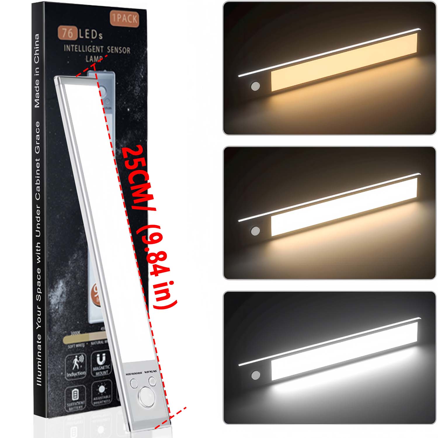 Luz LED para armario, lámpara Led con Sensor de movimiento recargable por USB tipo C para iluminación de armario de cocina, 25cm/30cm: Azul