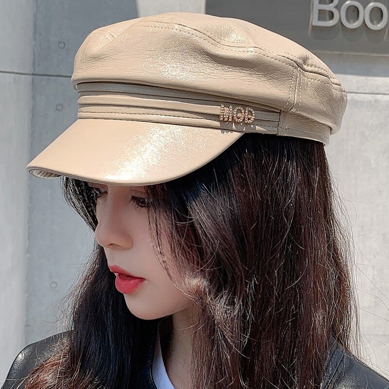 Efterår klassisk britisk stil kunstlæder beret hue glitter kvinder nyhedsdreng marineblå hat sømand hat kaptajn cap rejse kadet hat