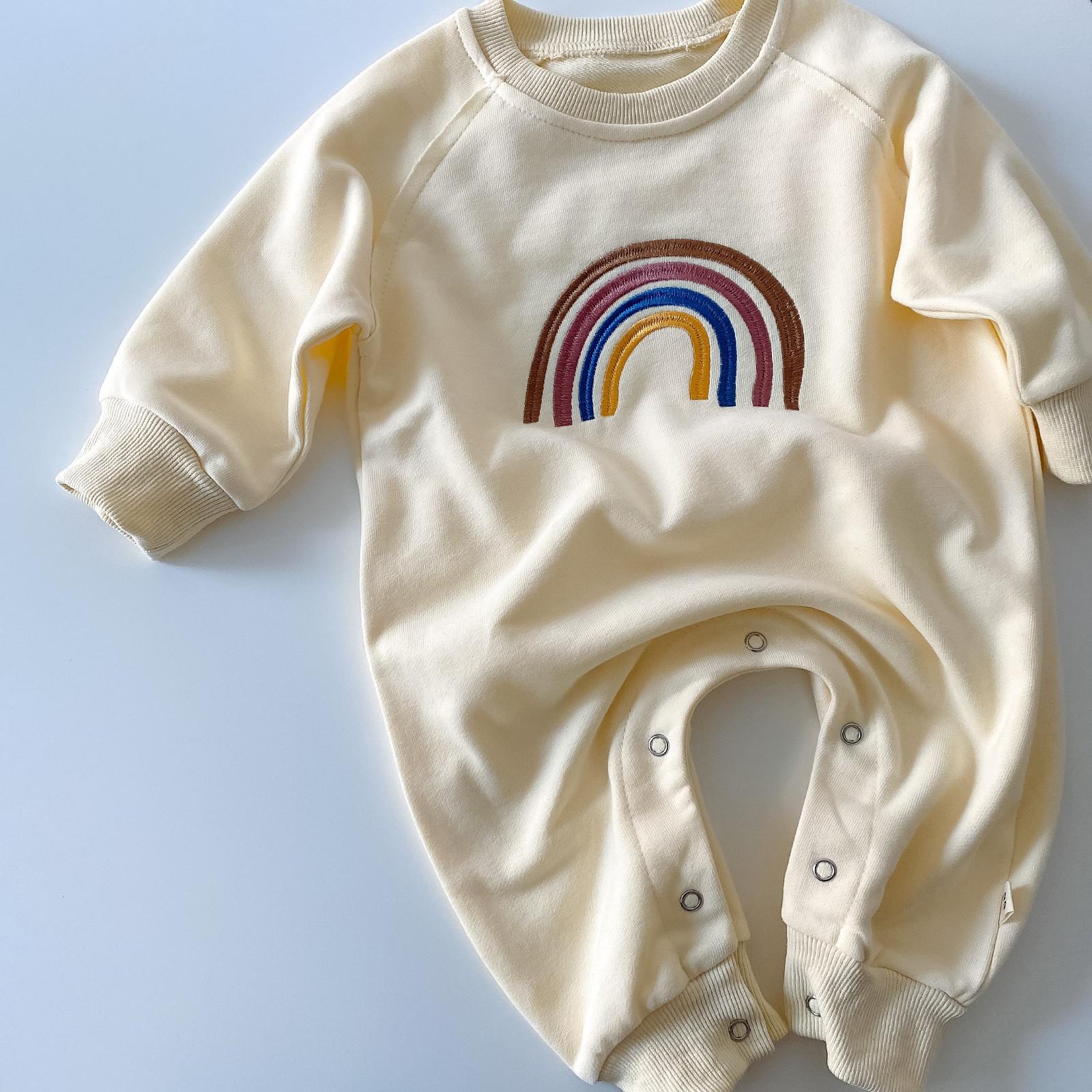 5166 Newborn Baby Girl Boy Embroidery Rainbow Clothes Long Sleeve Top Bodysuit 0-24M Baby Jumpsuit Kids Outfits: beige / 73cm