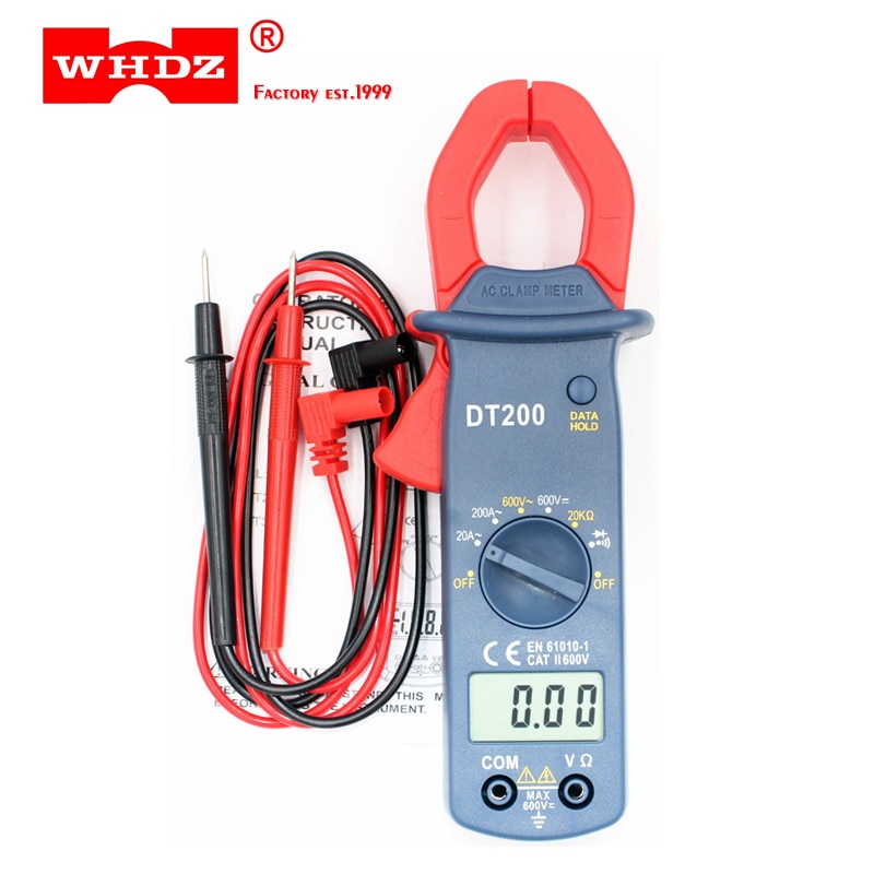 WHDZ Digital Current Clamp Meter DT200 Current Voltage Resistance Buzzer Data Hold Non-contact Diode Detection Test LCD Display