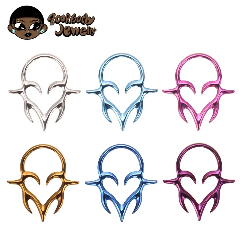 ASTM F136 colmillos tribales de titanio con bisagras Clicker SEG tabique Piercing corazón tótem Errings hélice delantera anodizado joyería del cuerpo Punk