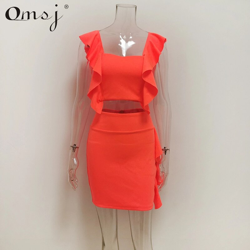 OMSJ Strand Stijl 3 Kleuren Vrouwen Zomerjurk Neon Roze Groen Oranje Ruffle Crop Top + Mini Rok sexy Night Club Outfits