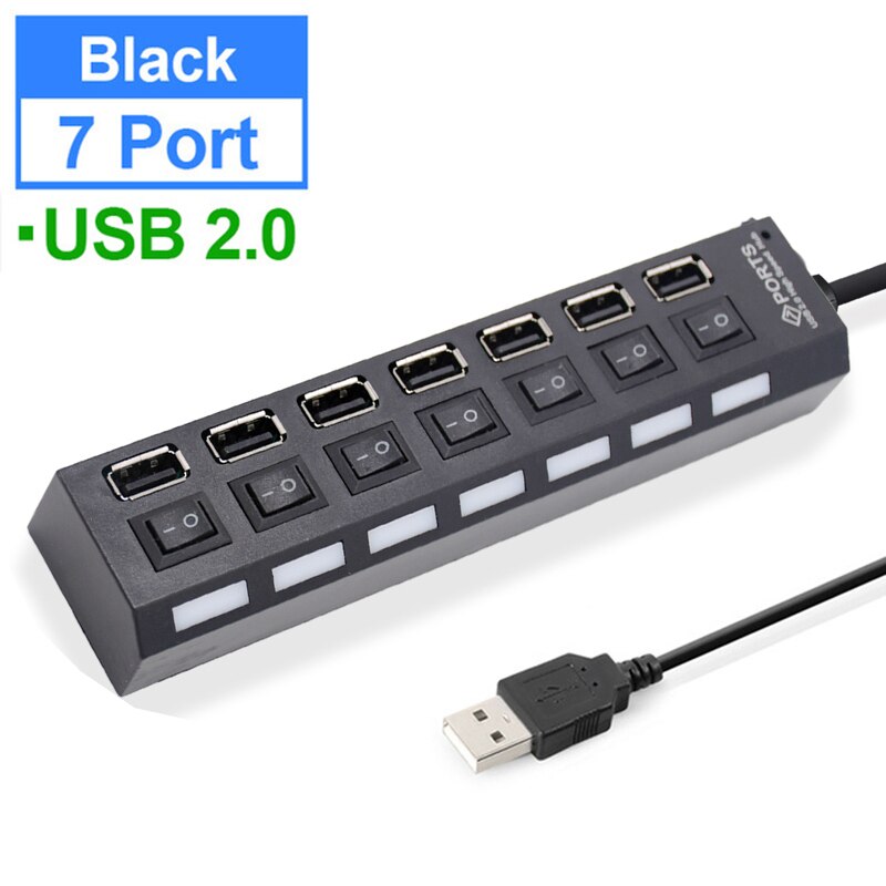 Hub usb 3.0 2.0 multi 4 7 porta usb divisor com adaptador de energia para computador portátil computador portátil acessórios vários usb hab: 2.0 7 port Black