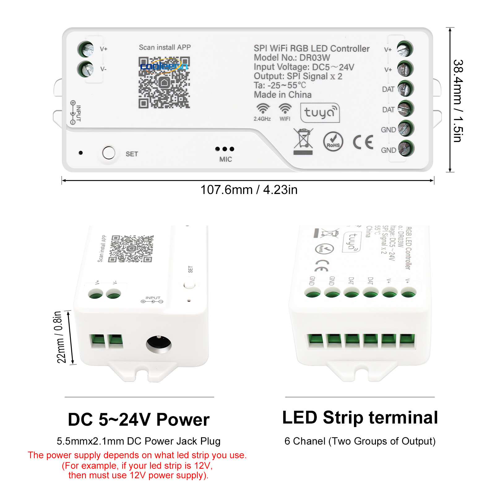 Tuya WiFi Addressable LED Controller WS2811 WS2812B WS2814 SPI RGBWIC RGBIC LED Strip Dimmer LED Controller 5-24V Pixel Strip