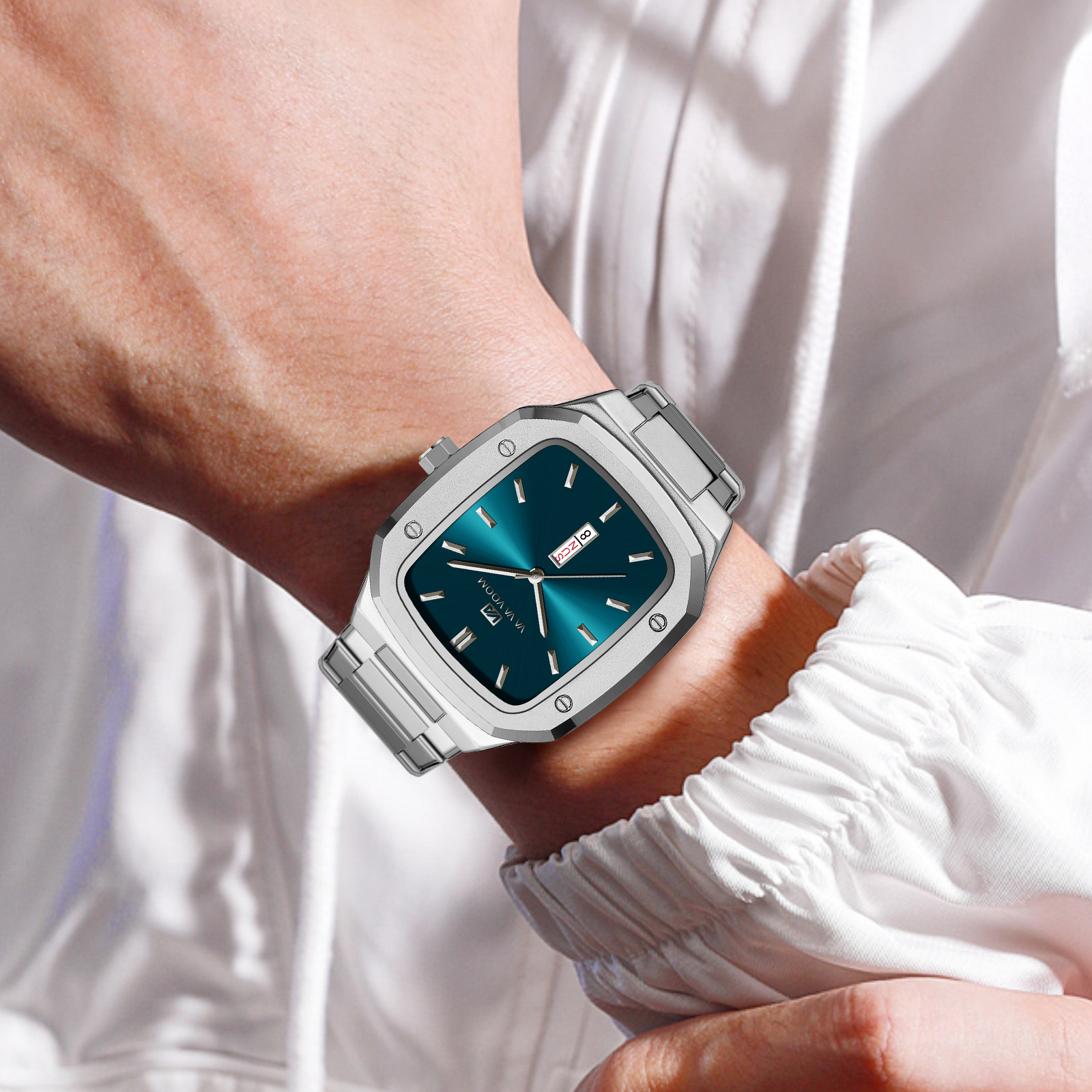 2024 reloj para hombre, correa cuadrada de acero inoxidable a la , oro azul, 3Bar, calendario semanal de cuarzo, reloj de pulsera deportivo de negocios simulado