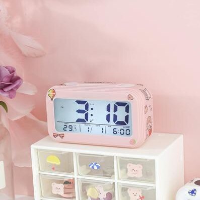 Kids Cute Cartoon Led Alarm Clock 3 Colors Changing Night Light Led Digital Alarm Clocks Student Desk Clock with Thermometer: pink battery