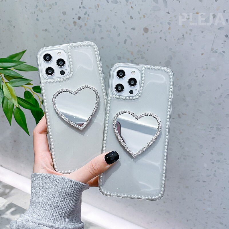 Rhinestone Love Mirror Glitter Cases For iphone 11 Pro Max 12 mini 7 8 plus X XR XS max SE Phone Case Cute Transparent Capa