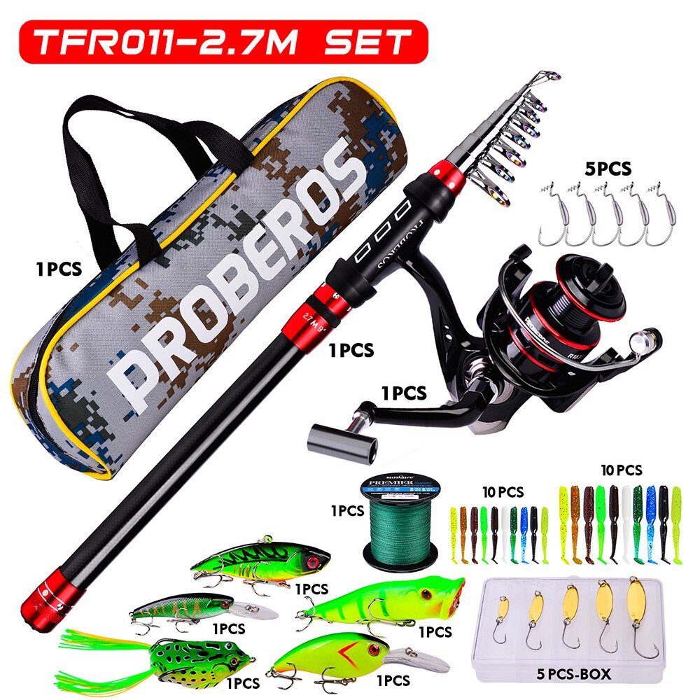 PROBEROS 1.8m-3.6m Telescopic Casting Fishing Combo Portable Ultralight Rod and 5.2:1 Gear Ratio Fishing Reel Fishing Tackle Kit: 2.7m and 2000 KIT