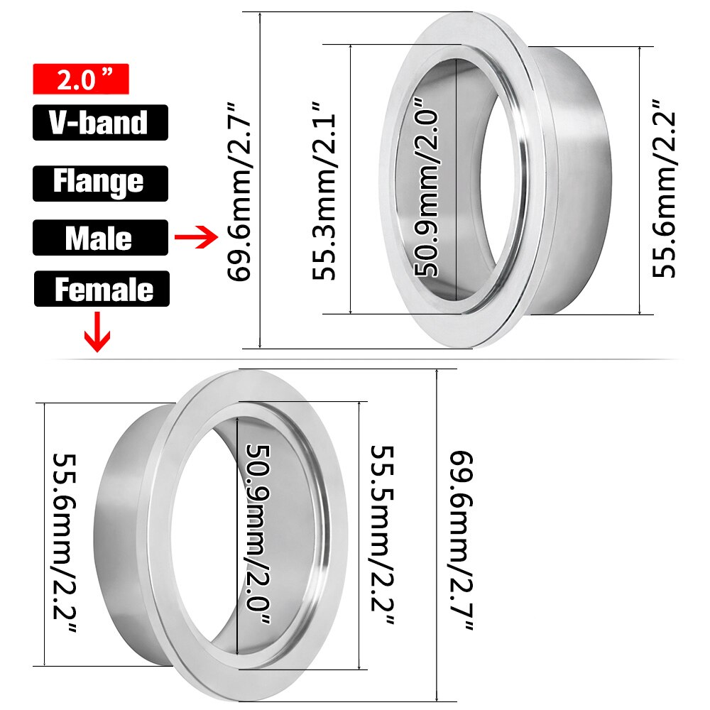 2.0 &quot;2.25&quot; 2.5 &quot;2.75&quot; Sus 304 Staal Roestvrij Uitlaat V Band Klem Flens Kit Quick Release klem Mannelijke Vrouwelijke Flens Of Normale