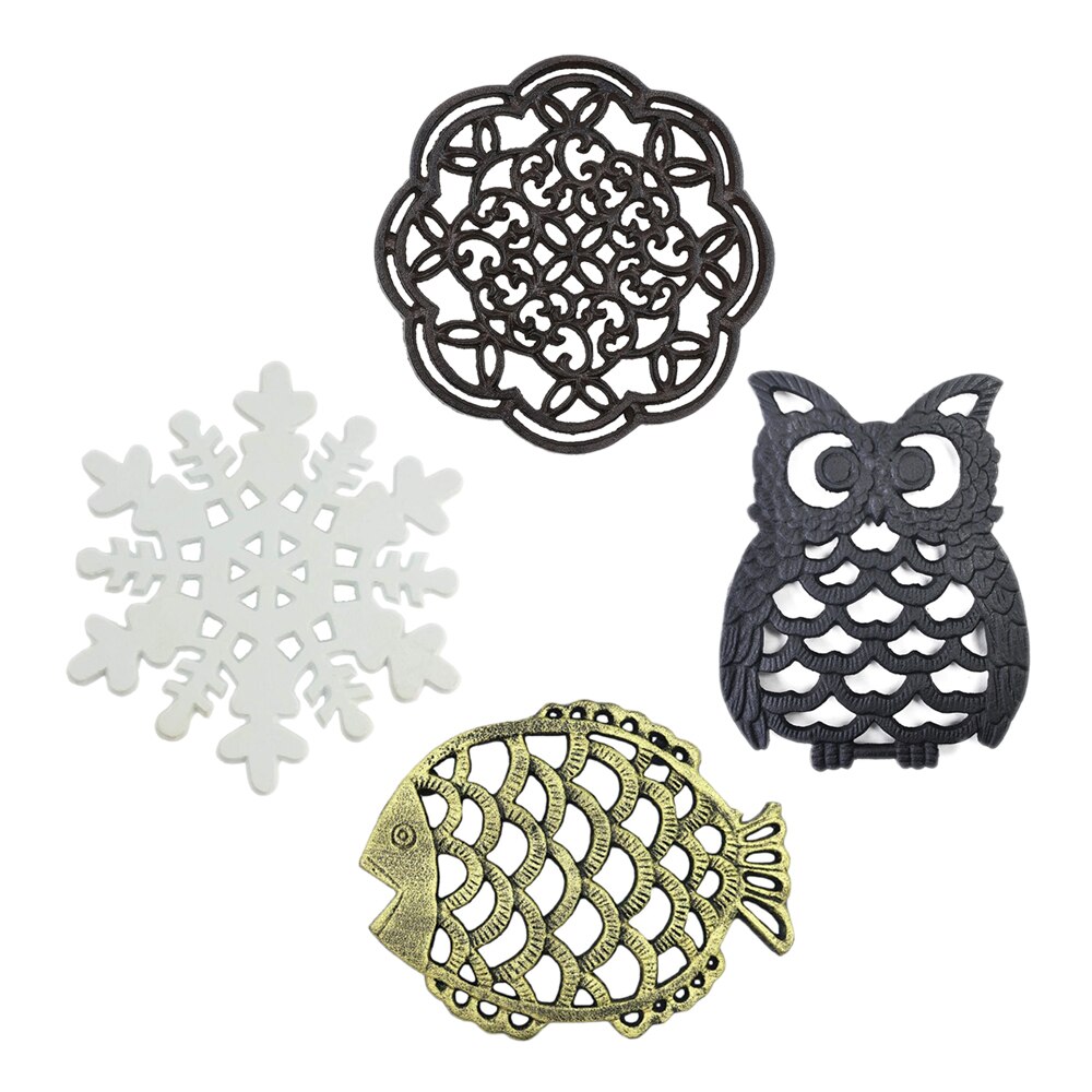 Dessous de plat de théière en fonte, Vintage fleur/hibou/poisson/flocon de neige, support de Pot rond, tapis creux, coussin isolant, décor de Table, cuisine, 1 pièce